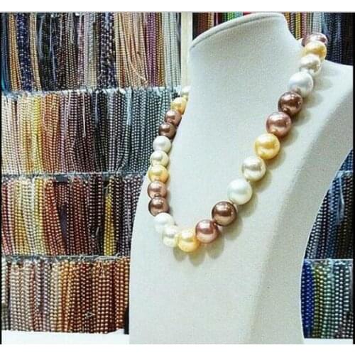 Woman classic jewelry necklace 12mm 14mm 16mm round bead yellow brown white mix Natural SOUTH SEA SHELL PEARL NECKLACE 18'' 45cm