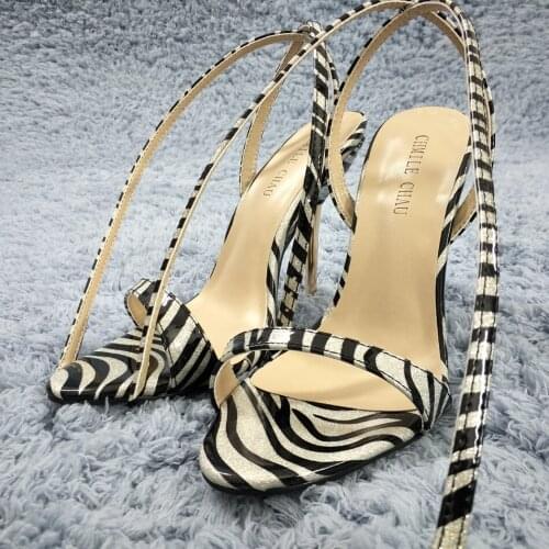 Sexy Black Zebra High Heel Slimmer Popular Dress Party Women Sandals Summer New Open Toe Ankle Strap Stiletto 11cm Heel Shoes