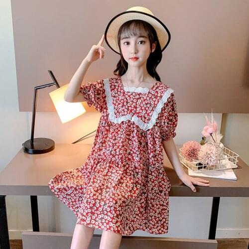 Girls Dresses 3-12 Years Old Baby Short-sleeve Floral 2021 New Fashionable Big Girl Pastoral Style Princess Dress Kids Clothing