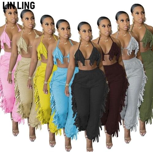 LINLING Casual Hole Tassel High Waist Bodycon Jeans Personality Street Trend Jeans Pencil Pants Sling Halter Top Two-piece Suit