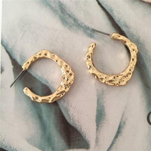 Casual Gold Color Plating Hammered Effect Irregular Hoop Earrings For Women Girl Daily Wearing Jewelry Accessory