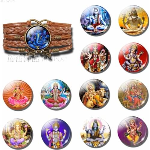 Lucky Indian Elephant Head God Ganesh Brown Braided Leather Bracelet Jewelry Glass Dome Cabochon Amulet Family Charm Gift
