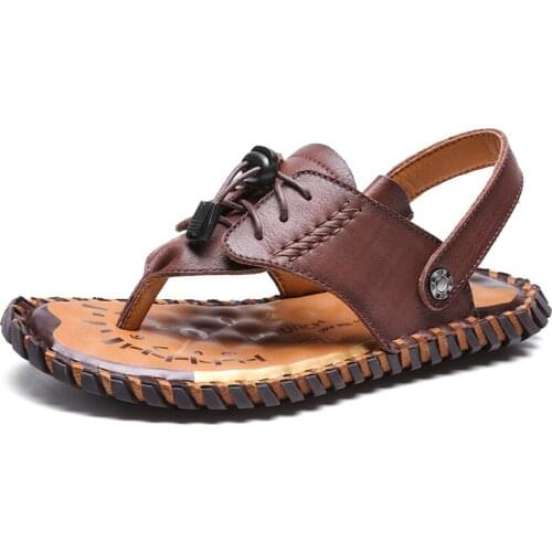 Genuine Leather Mens Flip Flops Summer Outdoor Beach Shoes High Quality Men Casual Sandals Big Size Male Handmade Design Slides