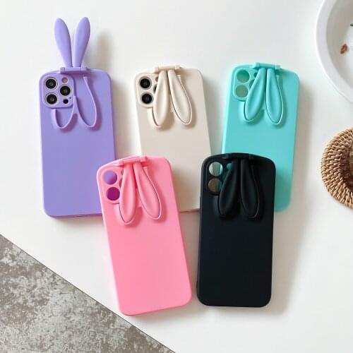 Korea Cute 3D Rabbit Ears Candy Color Foldable Bracket Phone Case for iPhone11 12Pro Max 7 8Plus XS XR Silicone Soft Cover
