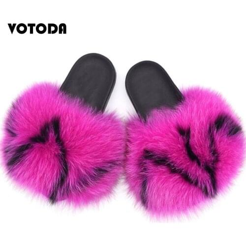 Winter Real Fox Fur Slides Women Slippers Home Flip Flops Indoor Warm Furry Flat Sandals Fashion Mixed Colors Fuzzy Plush Shoes