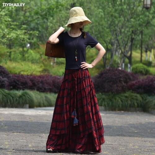 TIYIHAILEY 2021 Free Shipping Long Maxi A-line Elastic Waist Women Summer Cotton Chinese Style S-2XL Flower Big Hem Skirt Plaid
