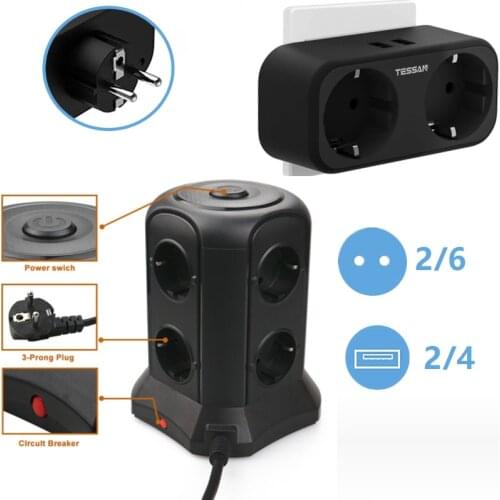 USB Socket Power Strip Tower with 4 USB Ports and 6 Outlet Extender Multi Charger Electrical Adapter EU Plug for Home Office