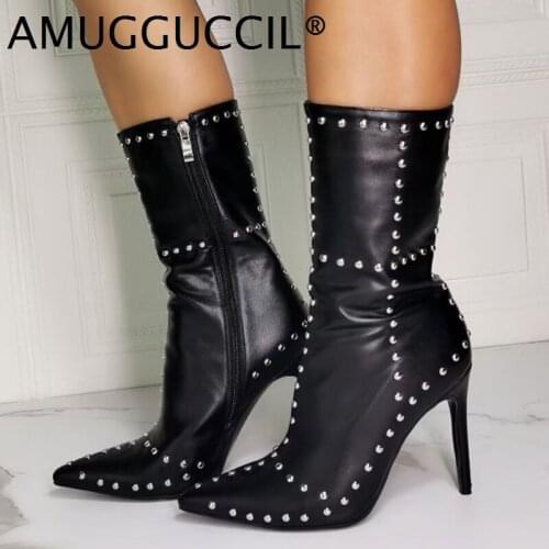 2020 New Plus Big Size 36-43 Black White Pink Rivets Fashion Sexy Zip High Heel Female Lady Autumn Winter Women Boots X2046