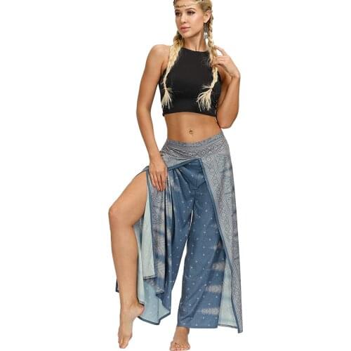 Women Split Wide Leg Elastic Waist Boho Harem Pants Palazzo Split Loose Yoga Trousers