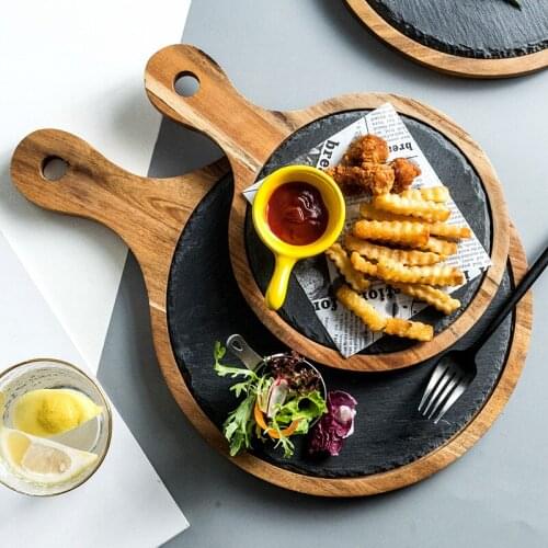 1PC Creative Black Natural Rock with Wood Kitchen Plate Food Dishes Western Food Wooden Tray Kitchen Tableware Cook Tool