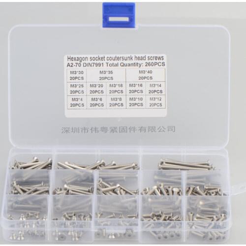 260pcs M3 mm flat head countersunk head grade 10.9 304 stainless steel Hex Socket Head Cap Screw DIN7991 Screws