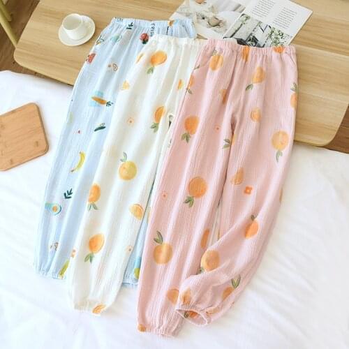 Ladies Spring Trousers 100% Cotton Gauze Home Pants Elastic Waist Sleep Bottoms Loose Thin Cartoon Lounge Wear Soft Sleepwear