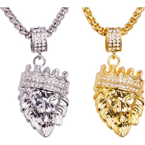 For Men Gold Punk Pendant Chain Charm Micro Inset Crystal Bling Zircon Lion Head Necklace Retro Hip Hop Rock Body Jewelry