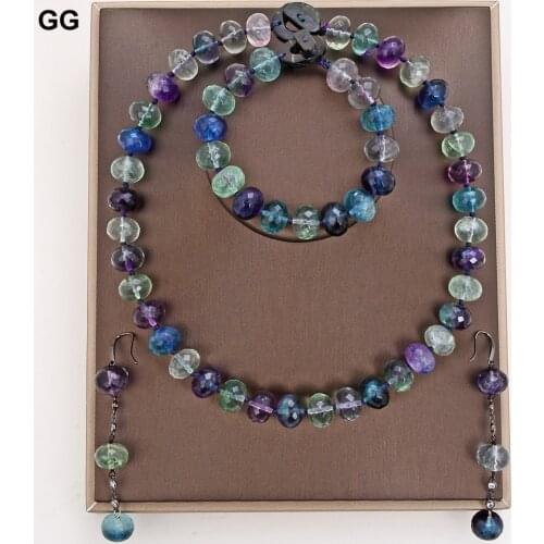 GG Jewelry Natural Green Purple Faceted Rondelle Fluorite Gems Stone Necklace Bracelet Earrings Sets