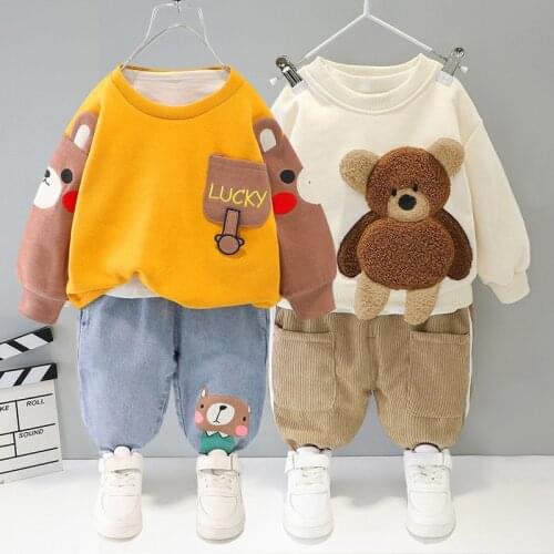 Baby boy cotton two-piece suit boy girl plus velvet warmth cartoon bear cute baby suit baby clothes cartoon t-shirt kid suit