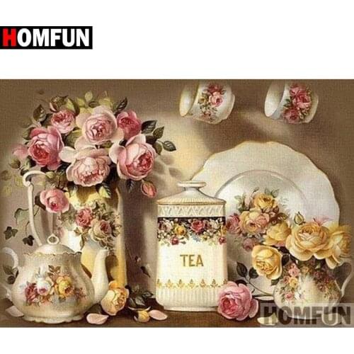HOMFUN 5D Diamond Painting Full Square/Round "Flower tea set" Picture Of Rhinestone DIY Diamond Embroidery Home Decor A27475