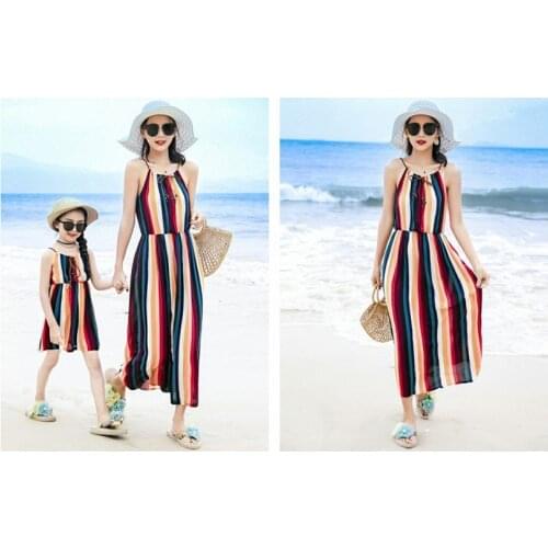 Summer Mom and Daughter Bohemian Dress Women Girls Beach Dress Seaside Vacation Sling Princess Long Vestido Mommy and Me Clothes