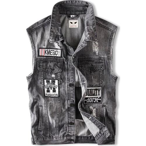 2021 Streetwear Men Vest Black Gray Patches Designer Destroyed Ripped Biker Denim Vest Men Sleeveless Hip Hop Chaqueta Hombre