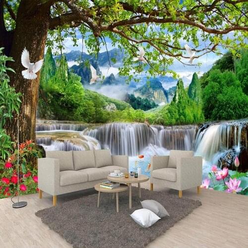 Custom Wall Mural Green Big Tree Forest Waterfall Nature Landscape 3D Poster Photo Wallpaper For Bedroom Living Room Background