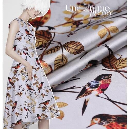 2017new Premium 108cm wide 19mm silk stretch satin magpie playing digital inkjet silk stretch fabric cheongsam dress