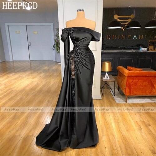 New Design Black One Shoulder Arabic Evening Dress Off The Shoulder Beads Satin Plus Size Special Occasion Dresses Pageant Gown