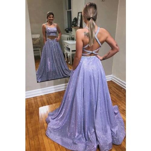 2 Piece Glitter Prom Dresses 2021 Sleeveless Spaghetti Strap Cross Strap Back Long Formal Evening Party Gowns Robe De Soiree