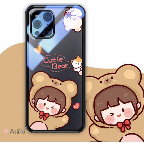 ASINA Transparent Tempered Glass Case For OPPO Find X3 Shockproof Cute Cartoon Couple Cover Bumper For OPPO Find X3 Pro Princess