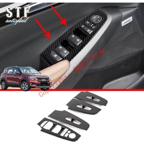 Carbon Fiber Style Door Window Armrest Cover Buttons Switch Panel Trim Molding Garnish For KIA Seltos 2019 2020