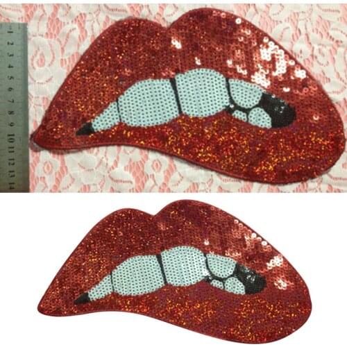 1pcs Embroidered iron on patches for clothing Red sequins Lips DIY Motif Applique