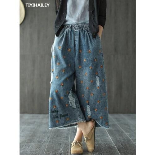 TIYIHAILEY Free Shipping 2020 Wide Leg Ankle Length Women Trousers Denim Jeans Elastic Waist Casual Embroidery Pants With Holes