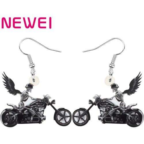 Newei Acrylic Halloween Black Motorcycle Skull Earrings Long Skeleton Dangle Drop Jewelry For Women Girl Festival Gift Jewellery