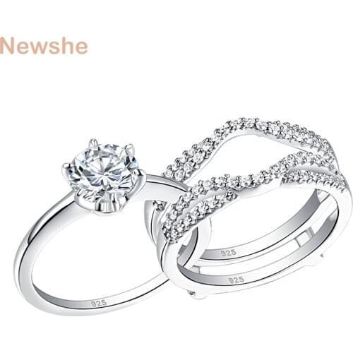 Newshe Solid 925 Sterling Silver Round Cut Solitaire Engagement Ring Set For Women Guard Wedding Band AAA Zircon BR0909