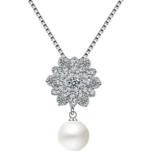 Fashion 925 Sterling Silver Necklace For Women Jewelry Vintage Pearl Zircon Flower Pendant Necklace Female Princess Accessories