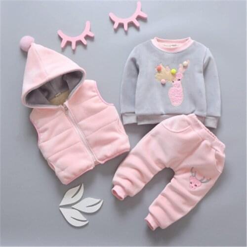Winter Baby Girls Boys Clothing Set Cotton Sika Deer Top+Hooded Vest+Pant 3 Pcs Children Cartoon Cute Outwear