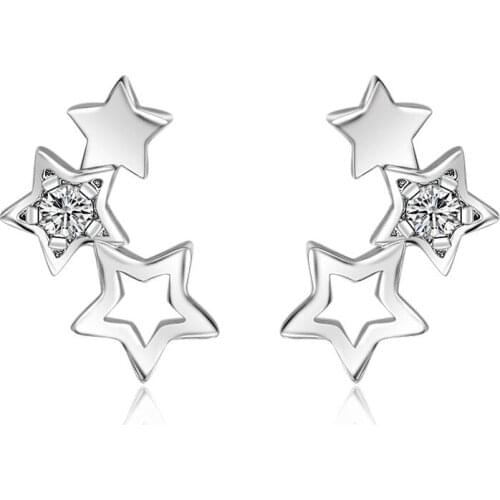 100% 925 sterling silver fashion hollow out three little star crystal ladies`stud earrings jewelry Anti allergy women gift cheap