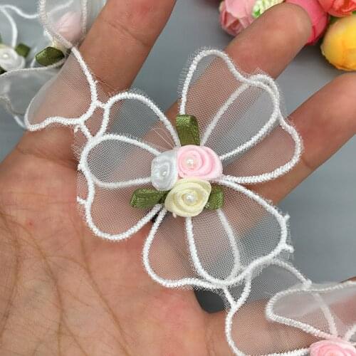 10x Pearl Lace 3D Flower Diamond Embroidered Beaded Trim Ribbon Handmade Double Layered Applique Wedding Dress DIY Sewing Craft