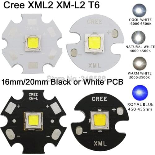 2x CREE XML2 XM-L2 T6 High Power LED Emitter Cool White 6500K Neutral White 4500K Warm White 3000K 16mm 20mm Black or White PCB