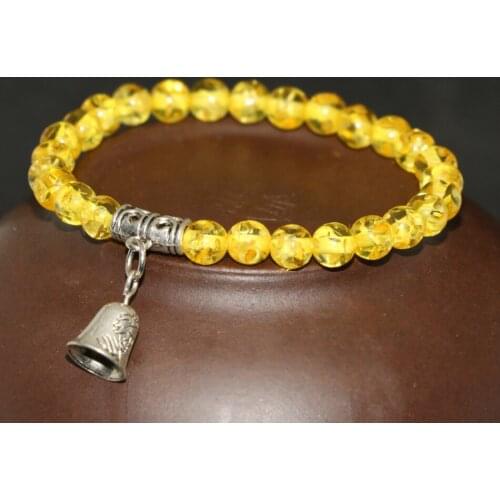 6mm yellow synthetic resin beeswax round popcorn beads bracelets silver-plated bell pendant jewelry 7.5inch B2135