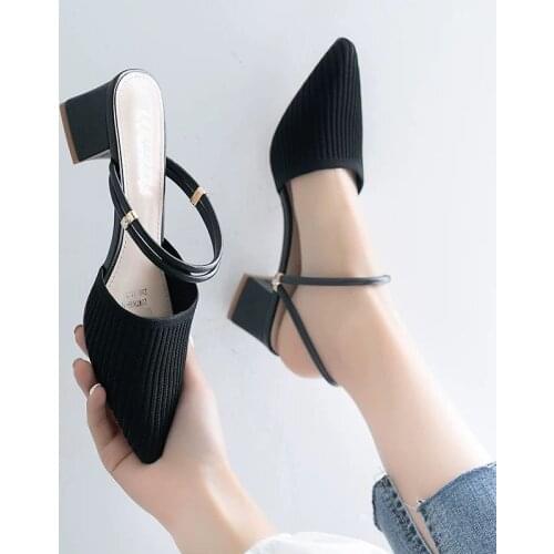 Sandals Slippers Summer 2021 New Small Size Pointed Thick Heel Single Shoes Baotou Mid-heeled High-heeled Large Size Women Shoes