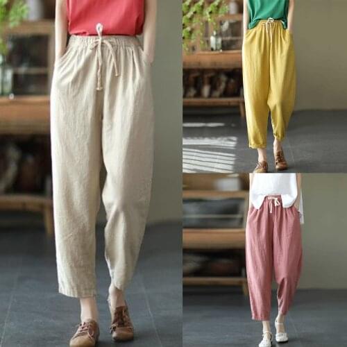 Womens Solid Cotton And Linen Pants Pocket Elastic Waist Loose Trousers Pants High Quality Simple Comfy Daily Pant Dropshipping