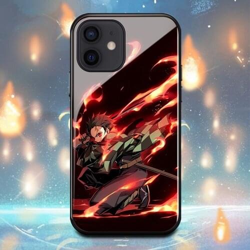 Demon Slayer Phone Case For Iphone6 6s 7 8 Plus X XR XS Max 12 11 12Pro 12Mini Japan Kamado Tanjirou Tempered glass shell Cover