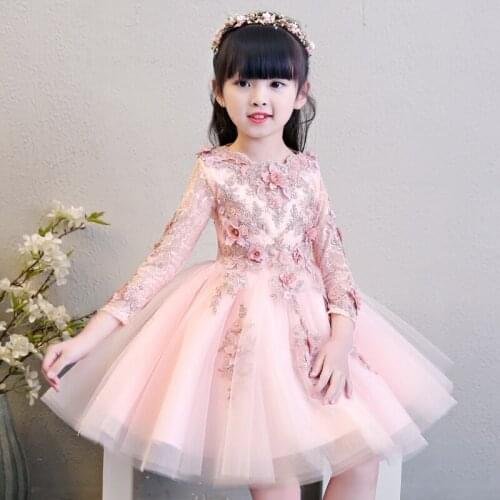 Glizt Flower Girls Pink Wedding Dresses Kids Long Sleeve Bead Appliques Lace Party Princess Birthday Dress First Communion Gown