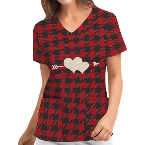 Nurse Uniform Womens New Cute Valentines Day Plaid Love Pocket V-neck Short Sleeve Top Nurse Accessories Uniforme Enfermera