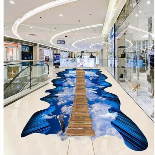 Home Decoration Blue sky and white clouds wooden walkway exhibition hall 3D floor pvc floor wallpaper