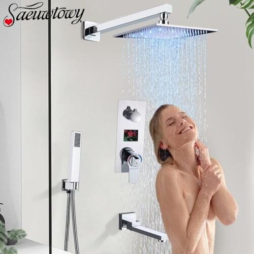 Chrome Thermostatic Rain Shower Faucet Digital Display Led Shower Faucet Set Rain Shower Three-Ways Rotatble Spout Faucet