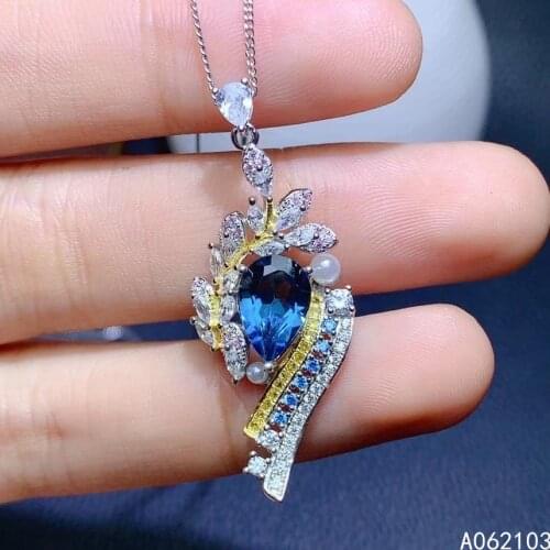 KJJEAXCMY fine jewelry 925 Sterling Silver inlaid natural London Blue Topaz Women popular plant water drop GEM PENDANT necklace