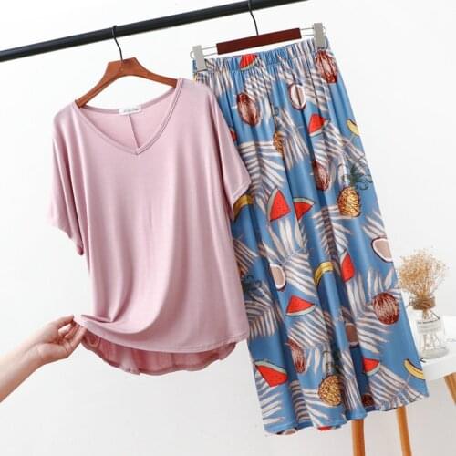 Spring Summer Fall Short-Sleeved Trousers Set Loose Home Clothes Womens Pajamas Cotton Middle-Aged Mothers Pyjamas Female