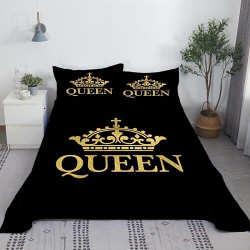 Queen Crown Black Bed Sheet Set 3D Printed Bed Flat Sheet With Pillowcase 2/3pcs Bed Linen For Adults Kids King Queen Size