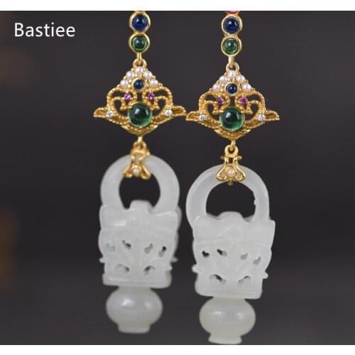 Bastiee Korean Earrings Earrings Silver 925 Jewelry For Women Jade Golden Plated Long Earrings Vintage Silver Earrings