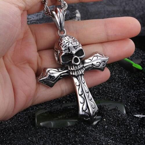 Cool Large Biker 316L Stainless steel Skeleton skull Cross Pendant Mens Rope Necklace Gothic Jewelry 22'' Vintage